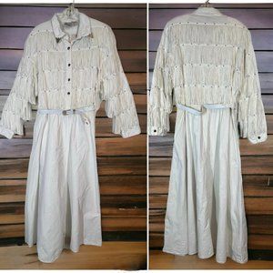 Vintage Tillman Dress Western Fringe White Rockabilly 90s Full Skirt Belt Medium